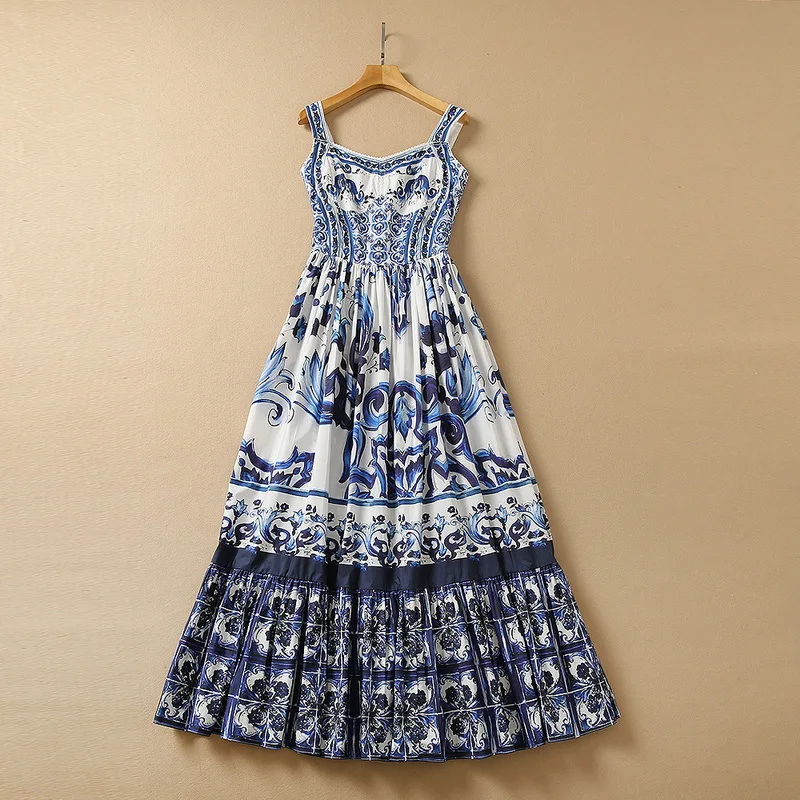 

European and American women's summer 2022 new Condole belt Fashionable palace printed cotton pleated dress