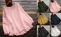 Women Round Neck Sweatshirts Solid Loose Casual Sweatshirt Ruffled Long Sleeve Tops Ladies Elegant Top Pullover Splice