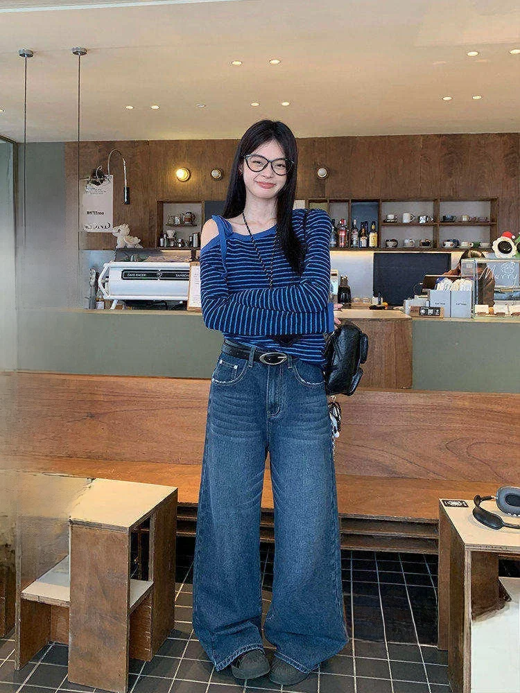 

High Waist Loose Wide Leg Blue Straight Jeans Women's Casual Floor-Length Trousers Comfortable Spring Fashion Sensation