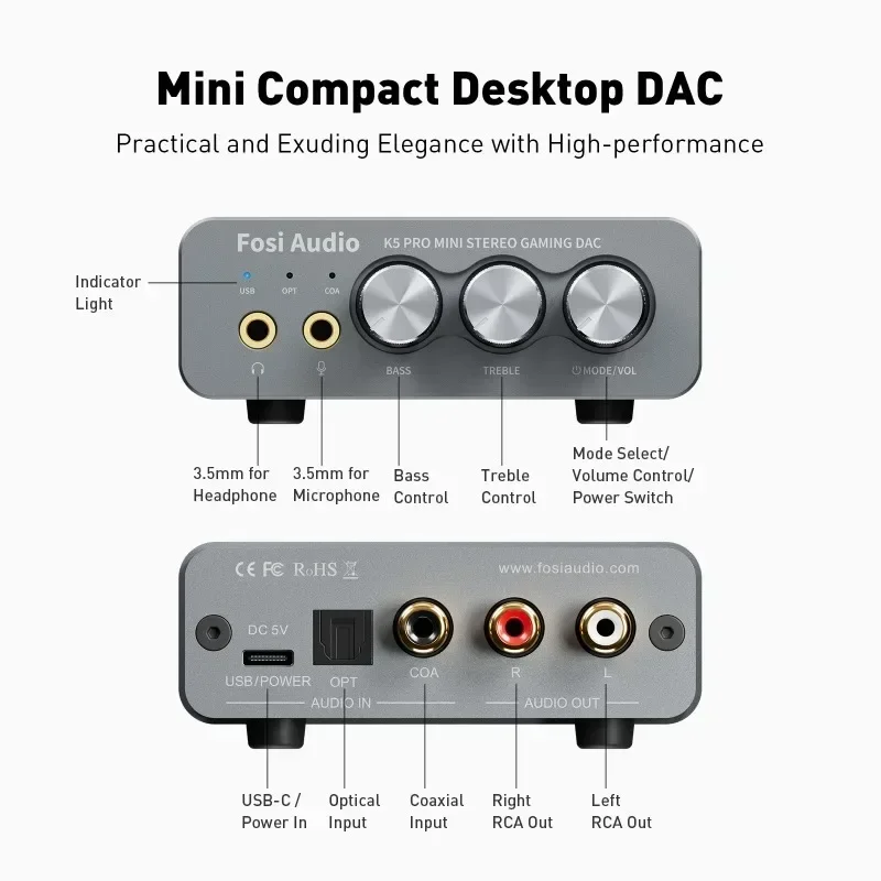 K5 PRO DAC Gaming USB dengan mikrofon Headphone Amplifier Mini Audio DAC untuk PS5 speaker aktif bertenaga Desktop