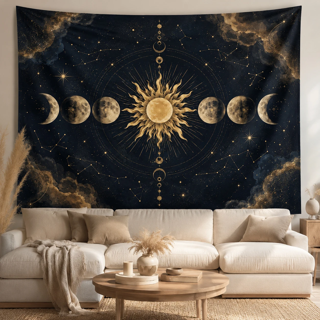 Celestial Sun Moon Phase Tapestry Golden Starry Sky Constellation Wall Hanging Boho Astrology Bedroom Wall Decor Tapestry