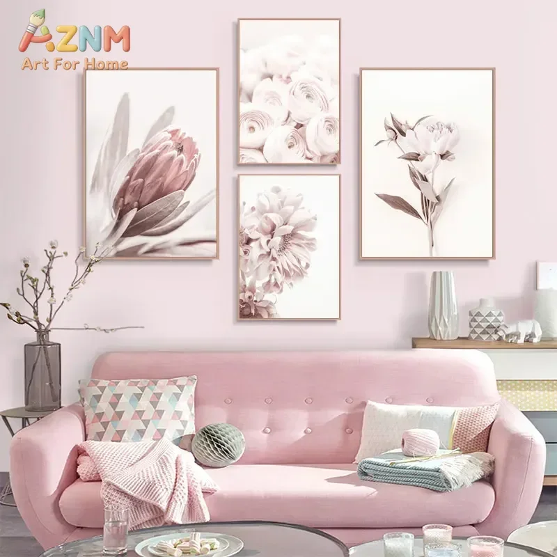 AZNM Pink Peony Floral Canvas Wall Art Print Soft Blush Flower Photography Poster Unframed Canvas Painting for Bedroom Living Ro