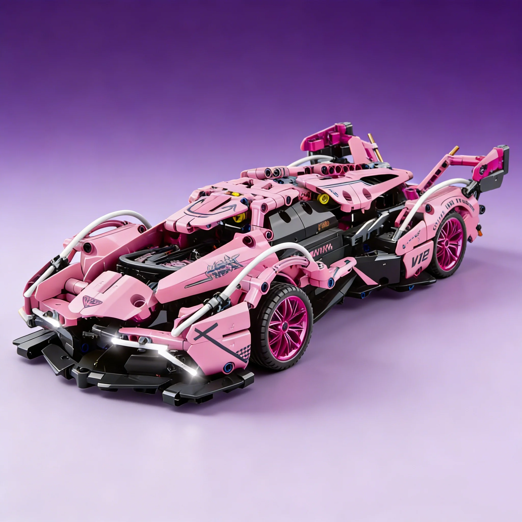 High Detail Mechanical V12 Pink Race Car Building Blocks Kit, Technical Super Sports Car with Light Decoration, DIY Assemble Bri