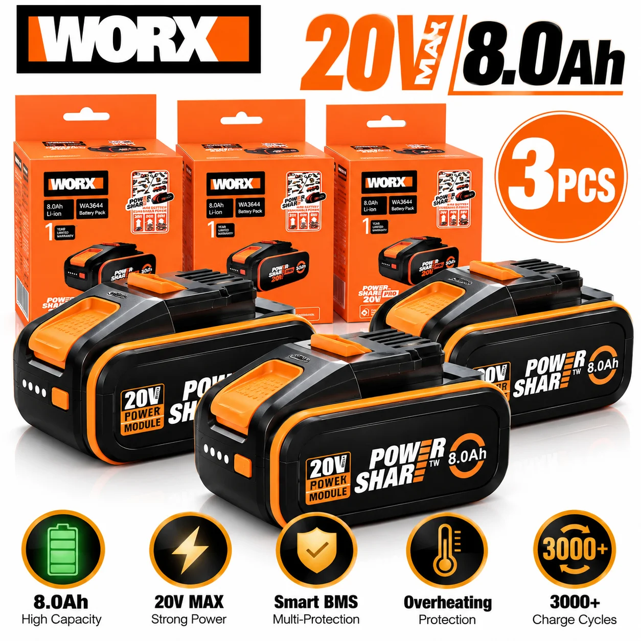 20V 8.0Ah Lithium‑Ion Battery Replacement for WORX, Compatible WA3551 WA3553, Fit Original WX Series Power Tools, Long Lasting
