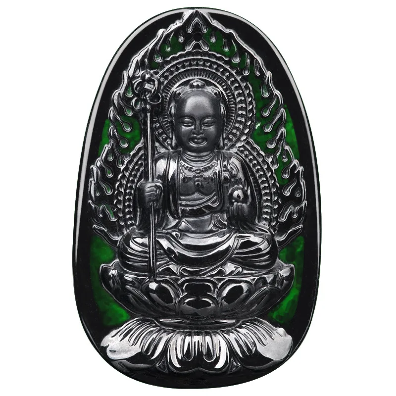 Fashionable Natural Old Material Ink Jade A-Goods  Ksitigarbha Bodhisattva Pendant Ink Ice Seed Jade Male Four Meetings