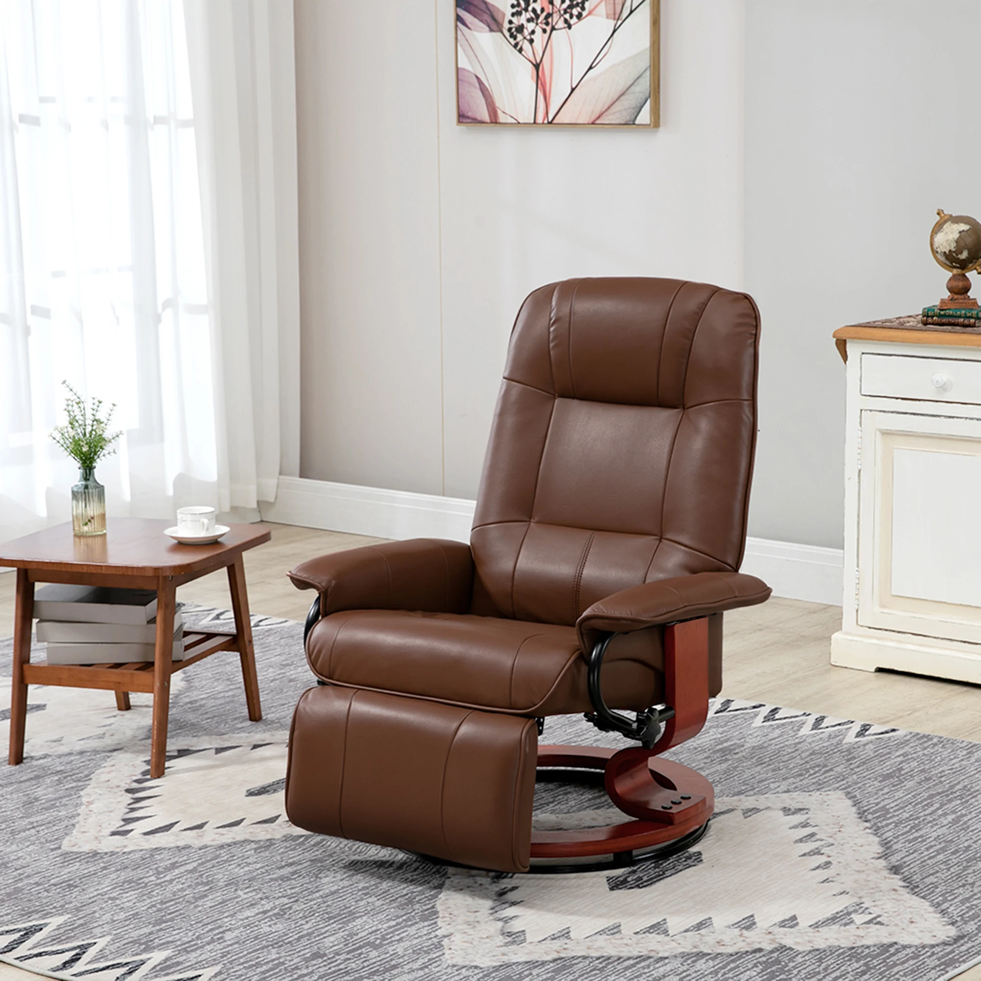 HOMCOM Swivel Recliner Chair, Air Leather Reclining Armchair with Retractable Footrest, Wood Base and Adjustable High Back for Small Spaces, Living Room, RV, Bedroom, Brown