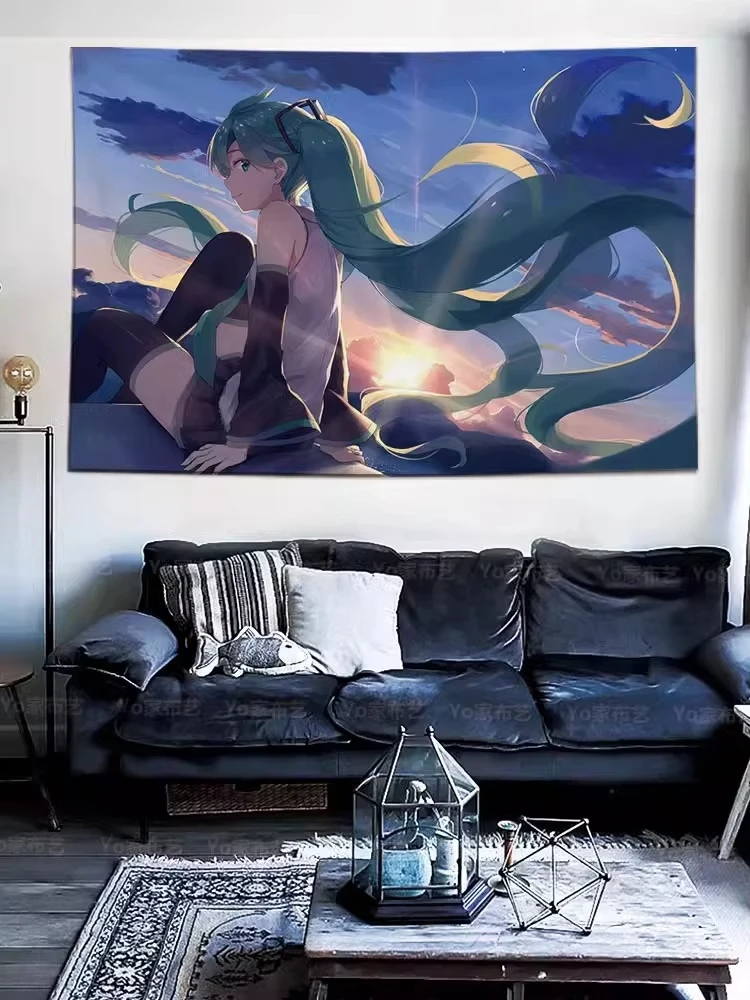 Tapiz de pared japonés de Hatsune Miku, tela decorativa para dormitorio, con diseño de chica anime transformable y corazón, para pared.
