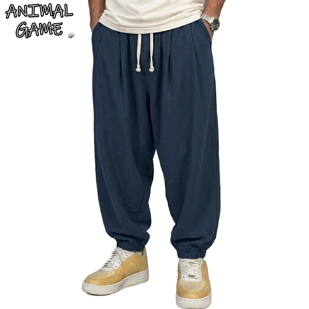 New Cotton Linen Pants Men's Trousers Gym Man Work Casual Pants Solid Breathable Loose Harem Pants Drawstring Streetwear Man