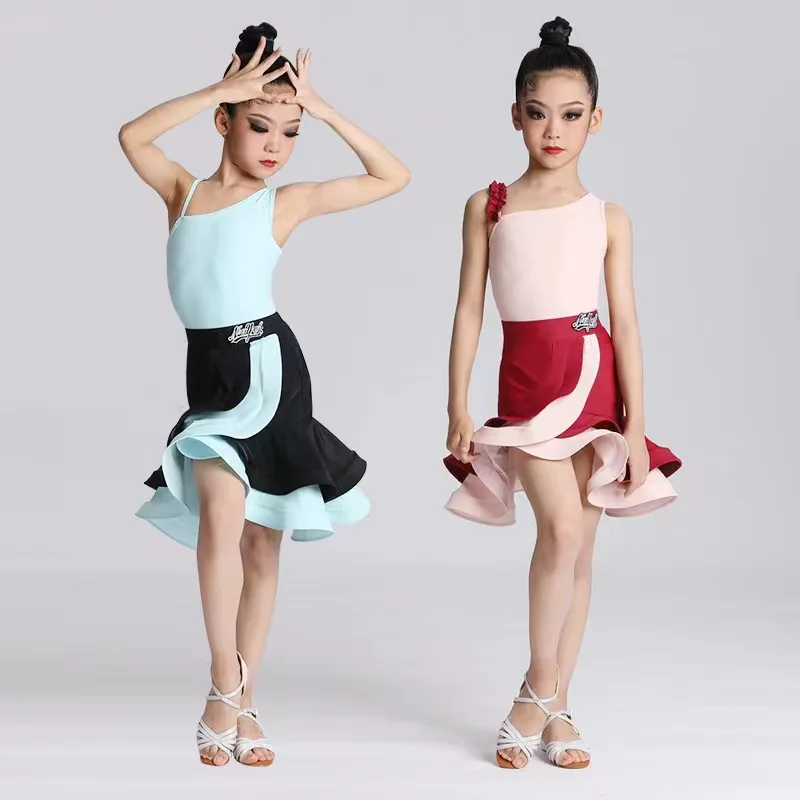 Girl Latin Dance Dress for Girls Practice Dancing Latin Skirt Ballroom Performance Clothes Children 1 Piece Latin Skirt and Top