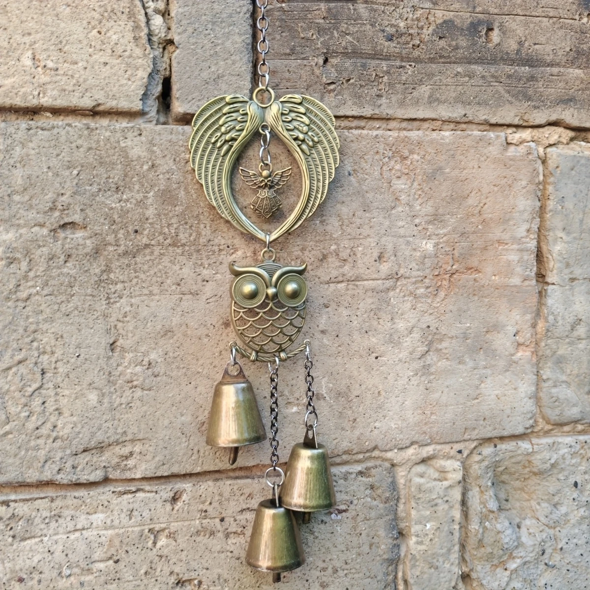 1Pc Metal Bell, Vintage Angel and Owl Wind Chime with Wings, Rustic Outdoor Iron Bell, Antique Bronze Color, Hanging Decoration for Garden, Patio, Porch, Housewarming Gift.