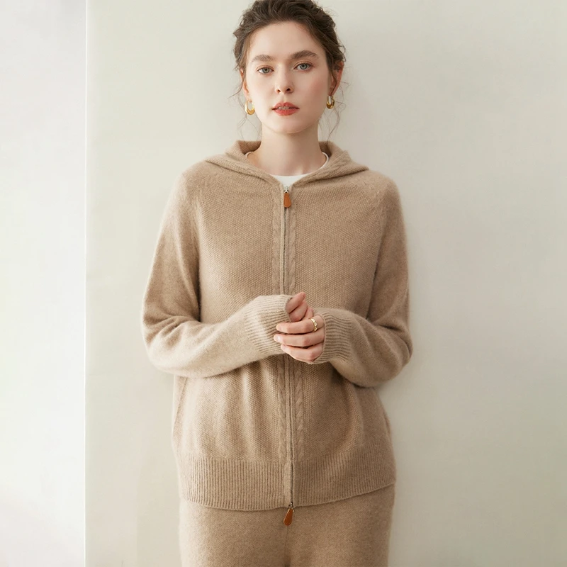 New 100% Cashmere Cardigan Sweater Women's Zippers Thick Autumn Winter Raglan Sleeve Simple Knitwear Grace Cashmere Clothing Top