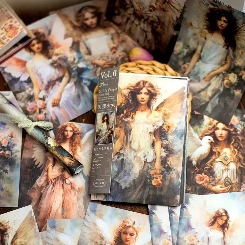 30Pieces Rose Maiden Material Paper Flower Girl Retro Girl Handbook Base Writing Scrapbook Notebooks Bag Scrapbook 171*100mm