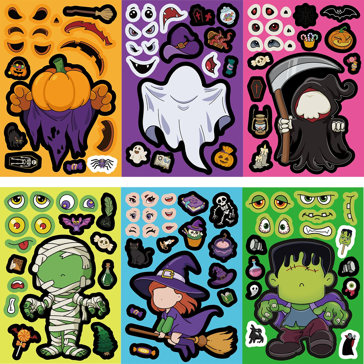 32 Blatt Halloween Make a Face Puzzle PVC Aufkleber Kinder Partybevorzugungen Geschenk Spielzeug DIY Kürbis Geist Montieren Puzzle Lernspiel – Detail 6
