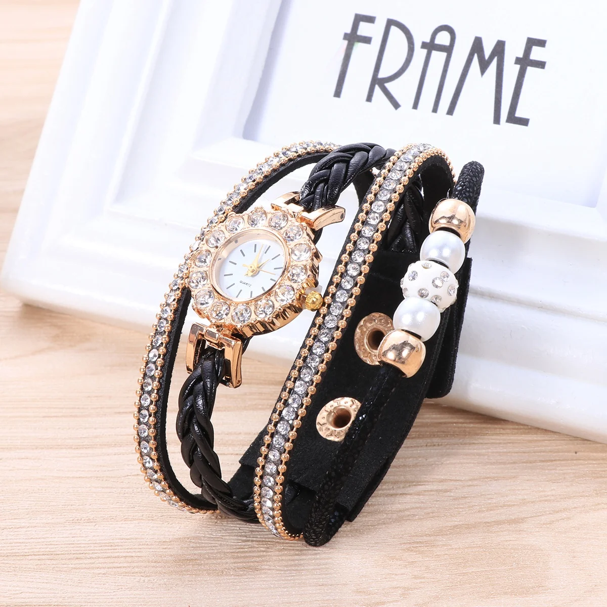 

Diamond Watch Fashionable Diamond-set Women Girl Weave Black Quartz Bracelet Man