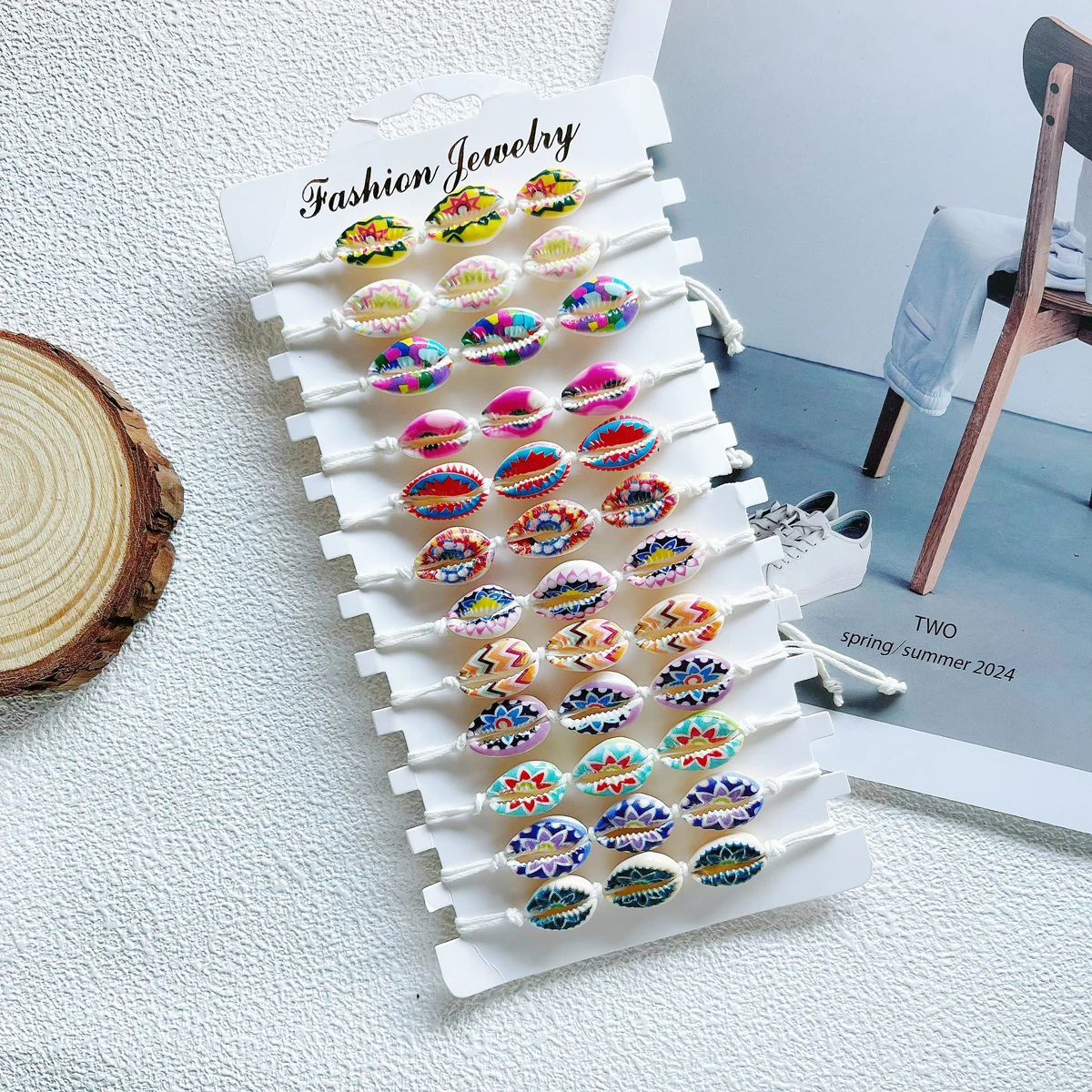12-Piece Set Natural Shell Bracelets Hand-Woven with Painted Oil Colorful Printed Vacation Style Accessory for Women