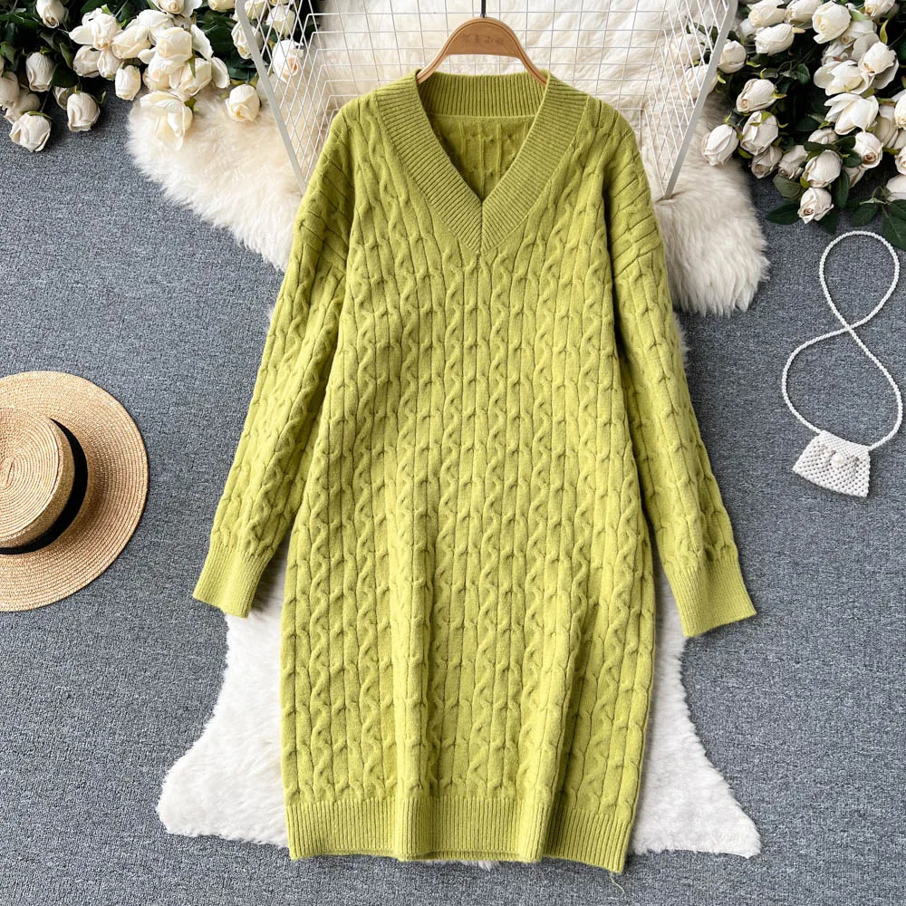 Harajuku V-neck Sweater Women's Spring And Autumn New Thick Lazy Loose French Vintage Fried Dough Twist Knitted Dress Women