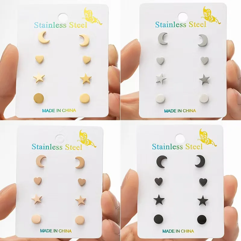

4Pairs/Lot Small Geometric Stainless Steel Stud Earrings for Women Men Round Heart Star Earings Pendientes Jewelry