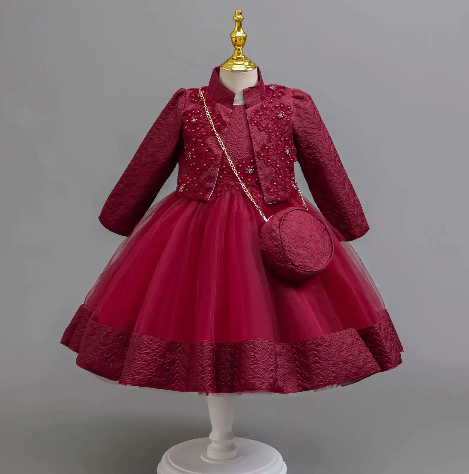 Girls Formal Party Dresses with Elegant Bag Ceremony Girl Festive Dress 3 PC Set Long Sleeve Kids' Clothes 3 to 8 Years