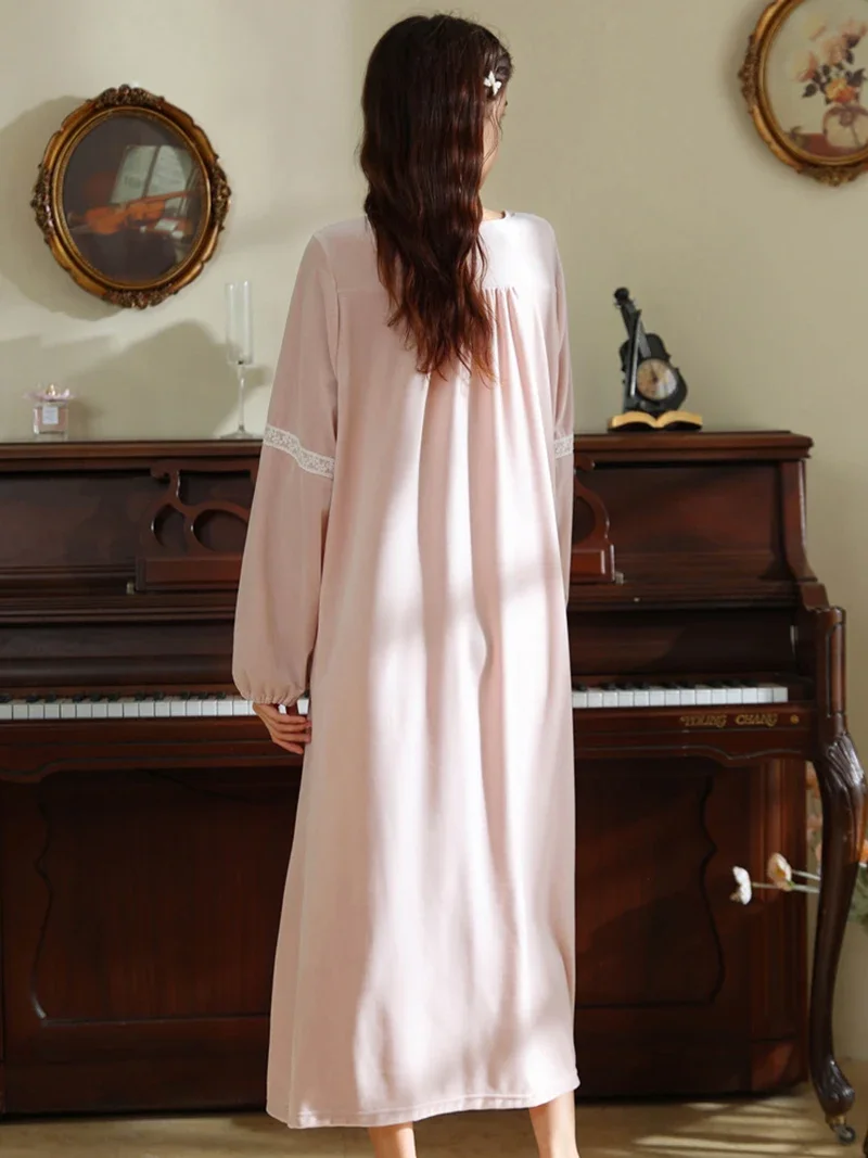 Long Sleeve Velvet Lace Fairy Nightgown Women Winter Vintage Velvet Pajamas Nightdress Loose Home Clothes Sleepwear Night Dress