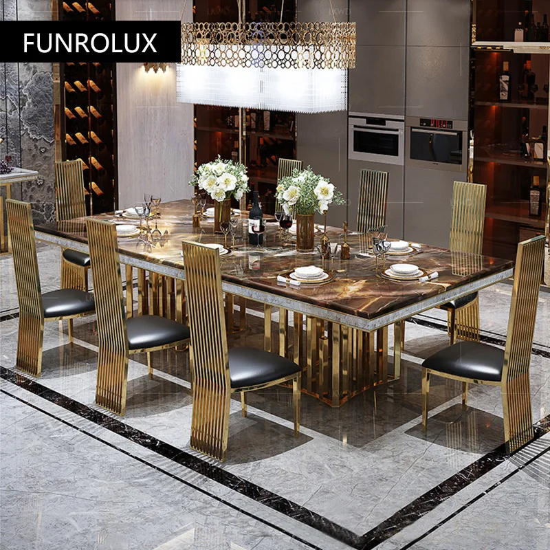 Modern Marble Dining Tables Modern Rectangular Gold Stainless Steel Large Apartment Dining Table