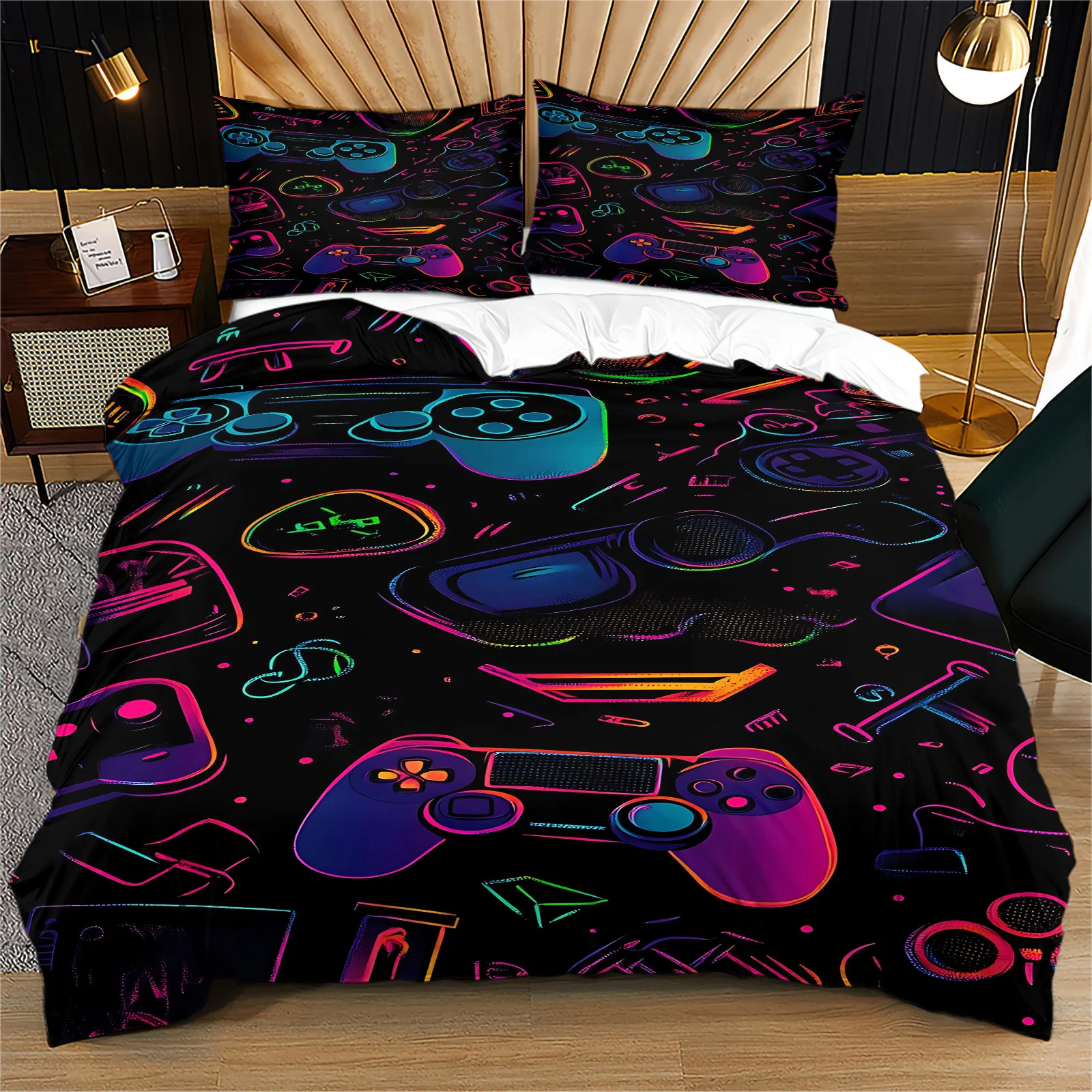 Colorful Neon Gamepad Duvet Cover Set Black Gaming Controller Printed Bedding Quilt Covers With Pillowcases Modern Gamer Room