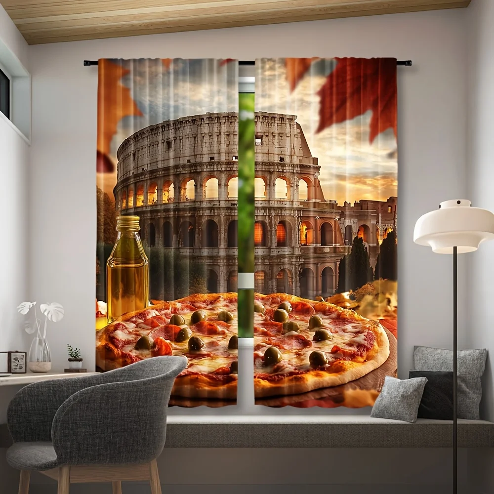 Italy Colosseum Pizza Curtains, Roman Landmark Food Print Drapes, Italian Restaurant Kitchen Window Treatment Decor