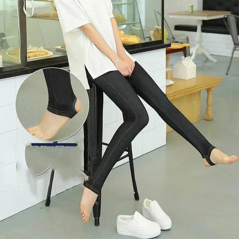 Casual Women New High Waist Seam Leggings Pantalones Imitate Denim Slim Trample Feet Leggins Pants Fashion Ankle-length Broek