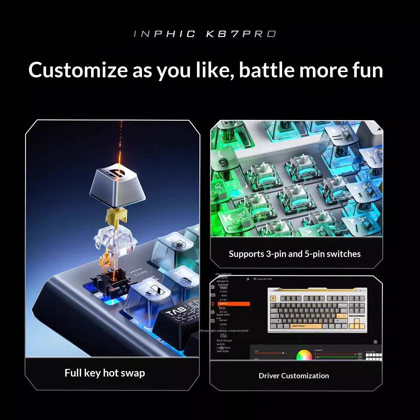 INPHIC K87 Pro Wireless Gaming Mechanical Keyboard 87 Key Gasket Structure HotSwap BT 2.4G Wired E-sports Gaming Office Keyboard