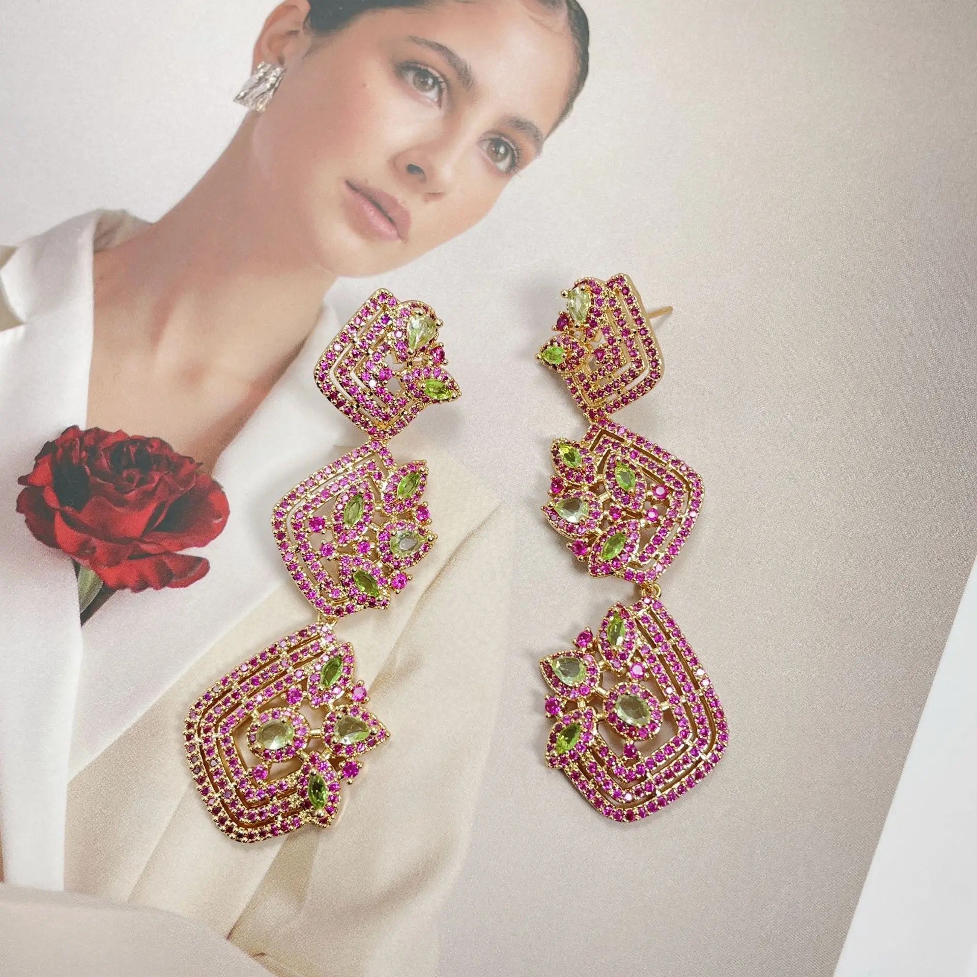 

Bilincolor Micro Inlaid Three-dimensional Flower Earrings For Women