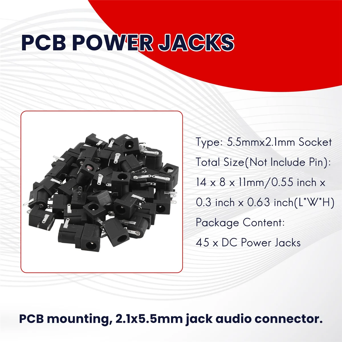 DC 전원 잭 소켓, 배럴 타입 PCB 마운트 DC-005, 2.1mm x 5.5mm, 45 개