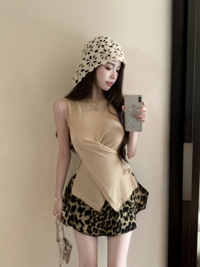 Retro Spicy Girl Irregular Tank Top  Leopard Print Skirt Two Piece Set Women Crossed Shirring Sleeveless Fashion Summer Wear New