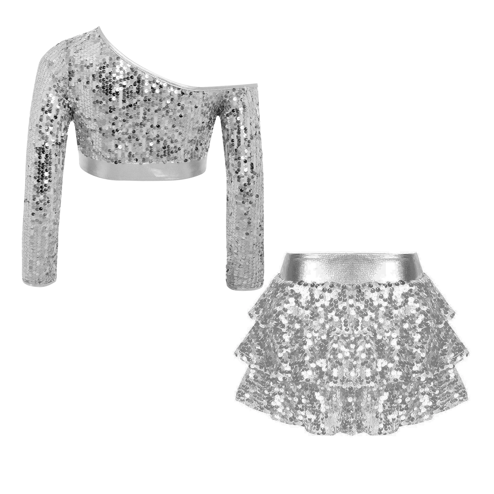Kids Girls One Shoulder Disco Outfit Children Clothing Crop Top with Culottes for Performance Sequins Jazz Dance Costume