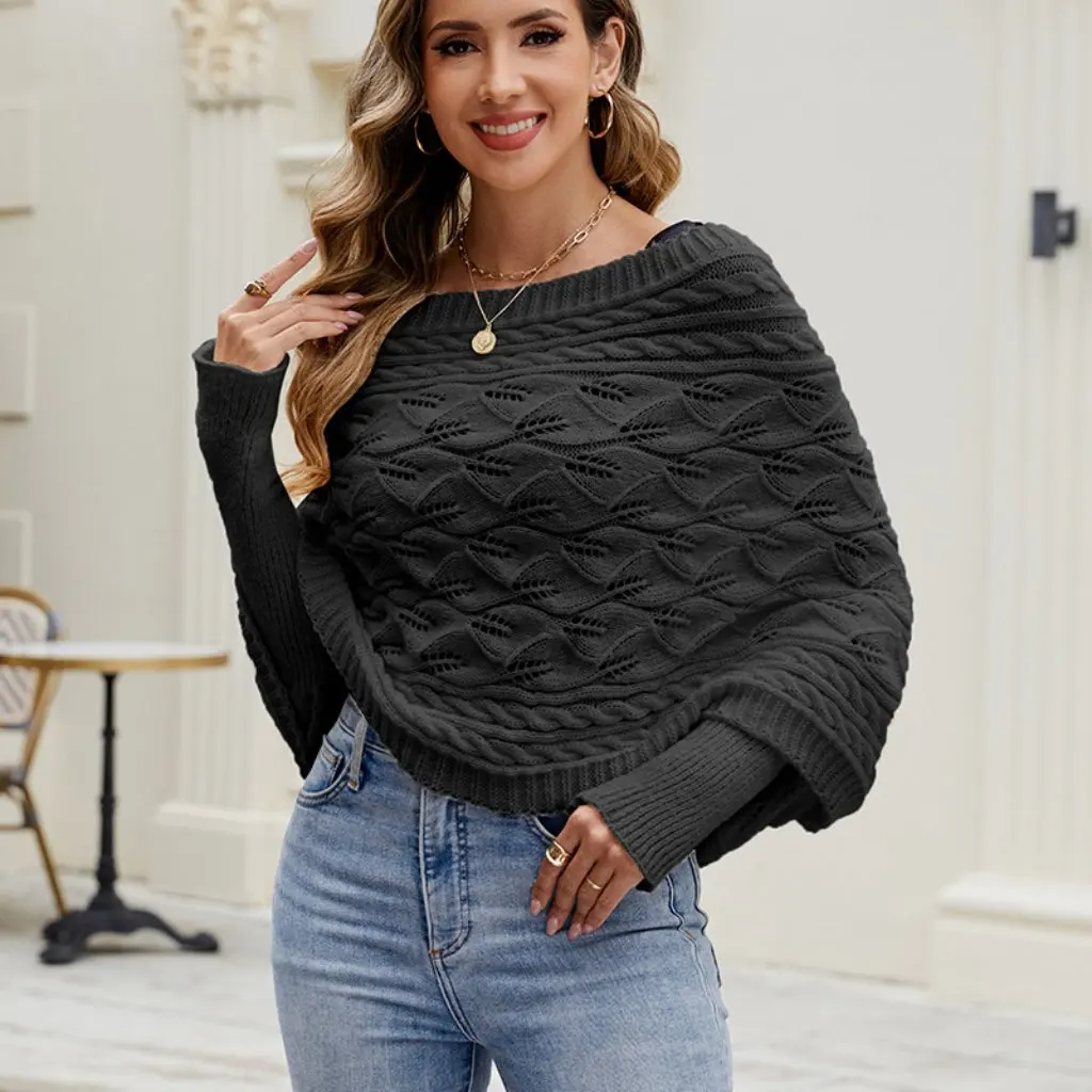 

Женская повседневная вязаная блузка с длинным рукавом, свитер с рукавами «летучая мышь», полый дизайн, шаль в европейском и американском стиле