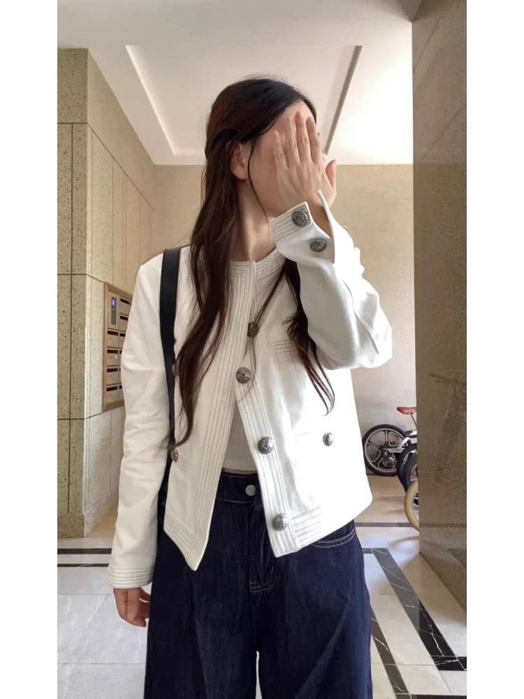

Women's Spring Autumn Elegant White Cropped Denim Jacket Round Neck Metal Buttons Loose Versatile High-End Cardigan Outerwear