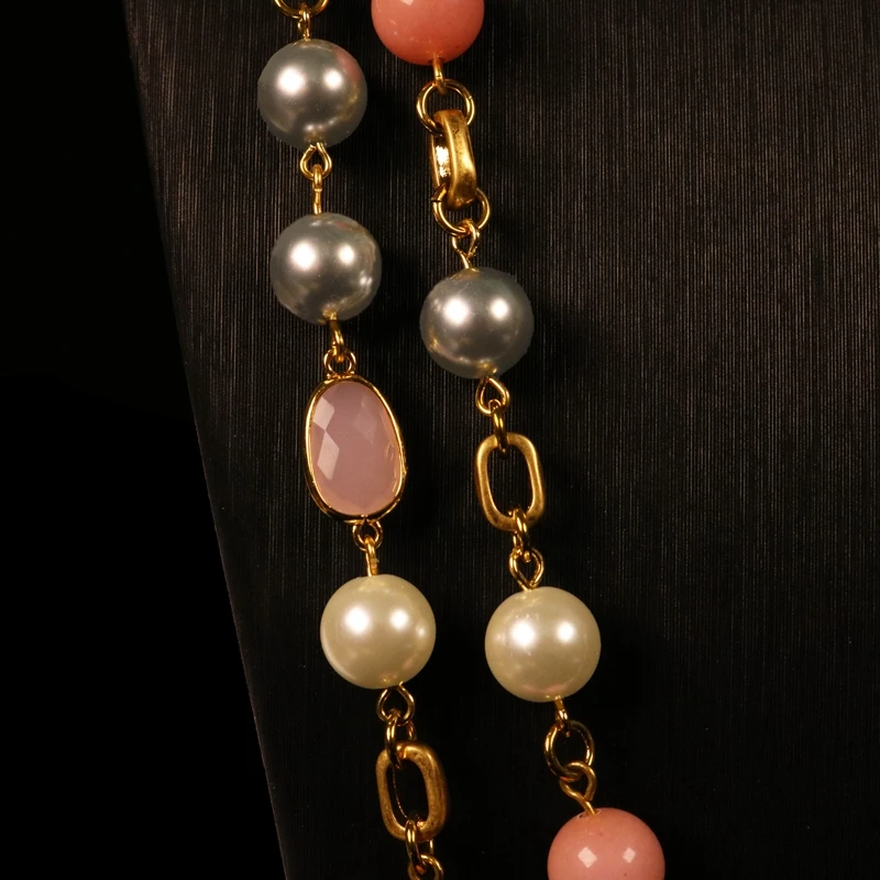 Pink Stone Gray Pearls Long Pendant Trendy Statement Necklace