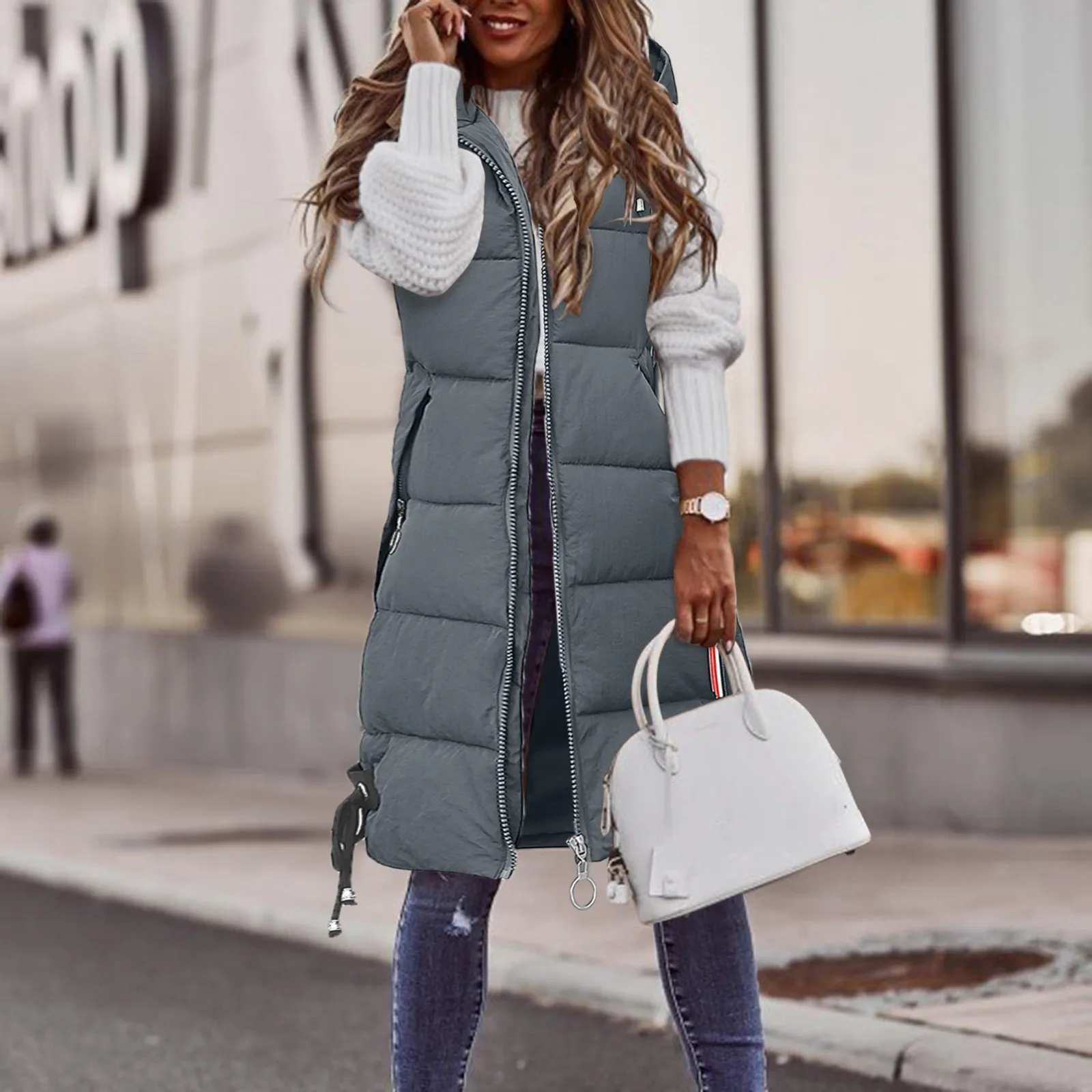 Outerwear Sleeveless Jacket Long Coat Vests Woman Winter Coats Women Solid Hooded Vest Zipper Pocket Loose Womens Vests