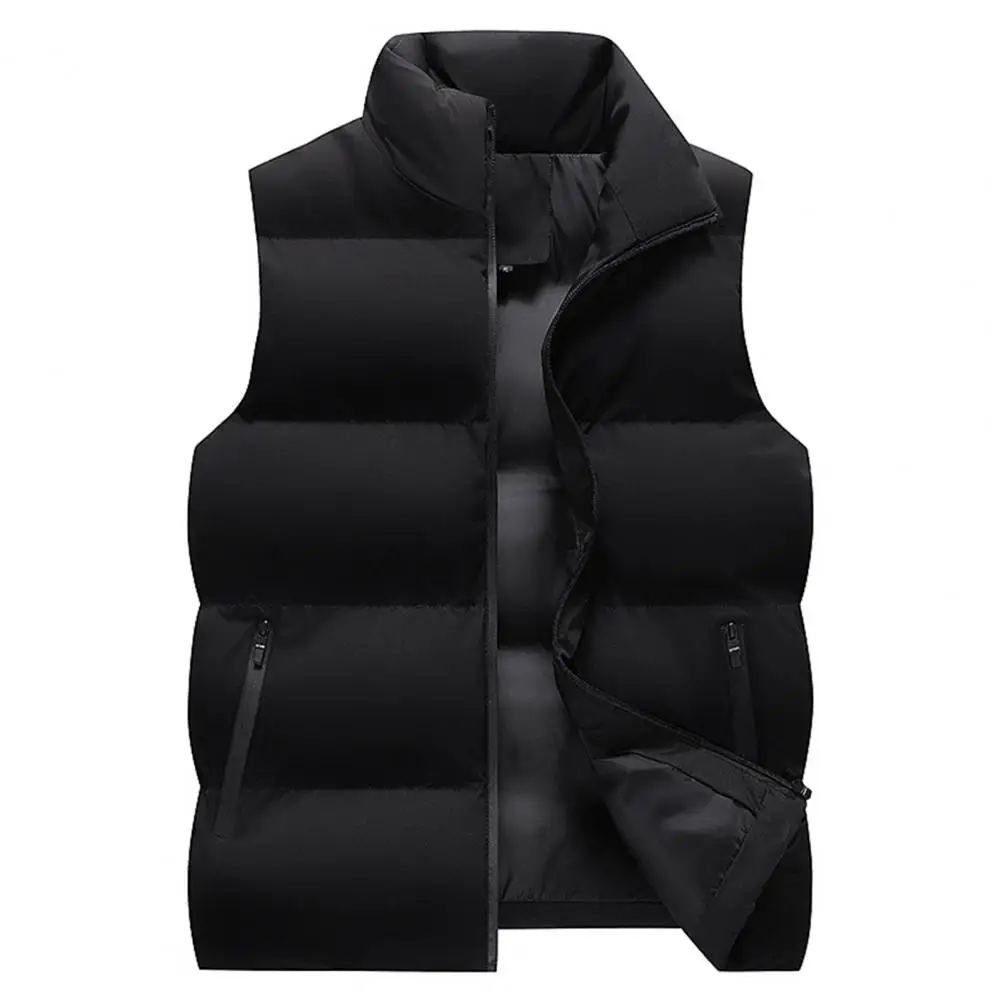 Cold Resistant Men Coat Stylish Men\'s Winter Vest Warm Windproof Sleeveless Outerwear with Stand Collar Zipper for Outdoor