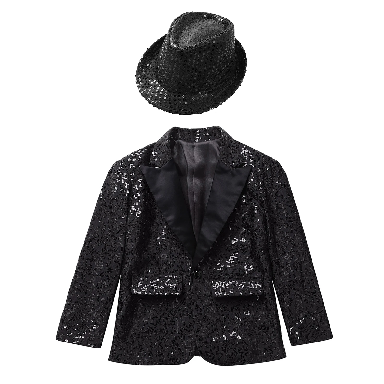 Kids Boys Shiny Sequins Dance Coat Lapel Single-breasted Tuxedo Suit Jacket with Fedora Hat for Performance Banquet Party