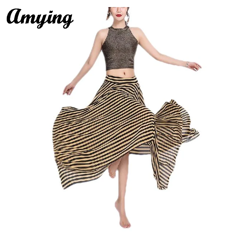 Women Belly Dance Costume Set Sexy Sleeveless Tops+Striped Long Dress Dance Modern Dance Performance Practice Training Suit