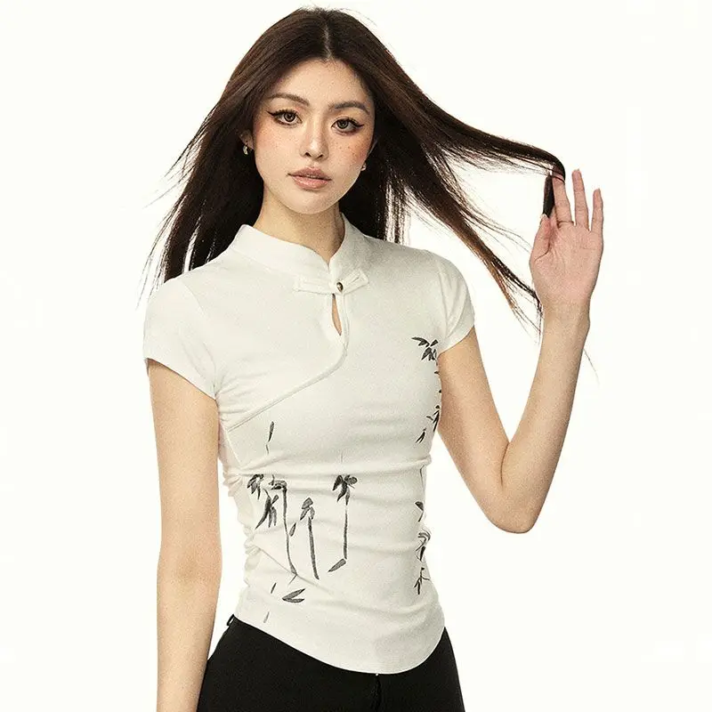 Summer New Cotton Short Sleeved T-shirt For Women Chinese Style Stand Up Collar Slim Fit Versatile Classic Design Temperament