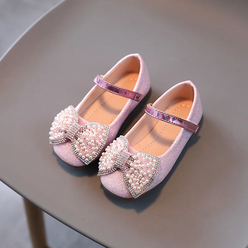 Children Princess Leather Shoes Casual Baby Gold Silver Girls Fashion Pearls Bowknot Sweet Flats Princess Kids Shoes CSH1500