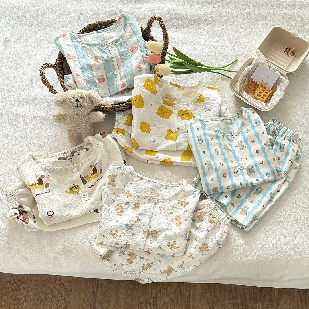Pajamas Summer New Children's Clothing Korean Style Boys and Girls Short Sleeve Print Two Pieces Set Casual