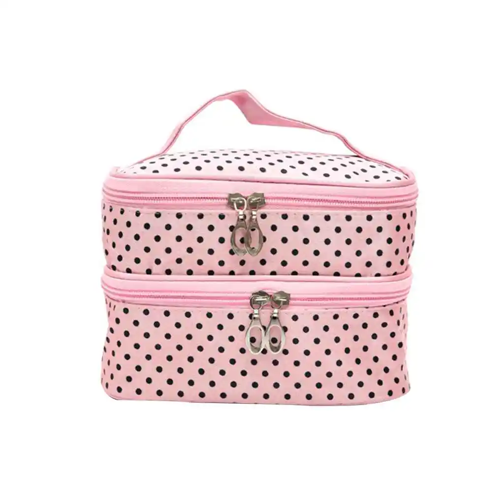 Trousse à cosmétiques double couche pour femmes et filles, trousse de maquillage, trousse de toilette à pois avec miroir, trousse d'évaluateurs, sac à main