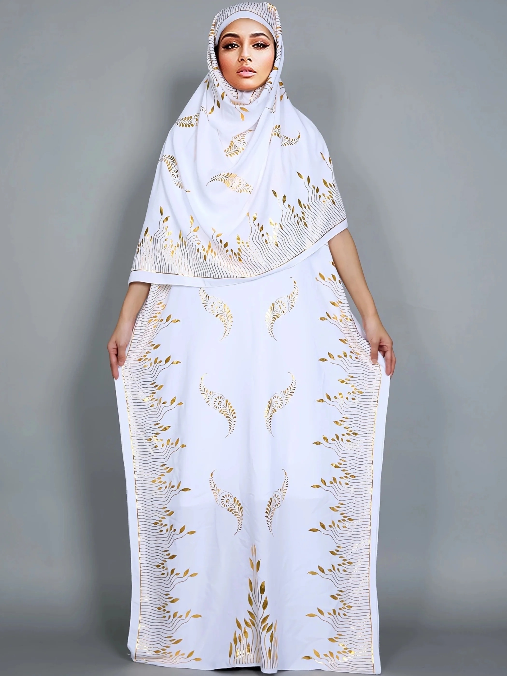 New Fashion Summer Dress With Big Scarf Dubai Turkey Kaftan Muslim Loose  Abaya Women African Casual Maxi  Gold Stamping  Robe