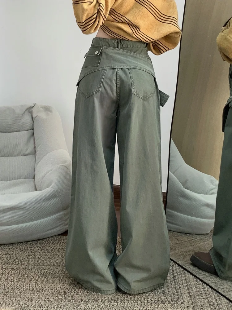 2026 Trend Y2K Style Patchwork Strap Vintage Green Baggy Stacked Jeans Pants For Woman Clothing Casual Cotton Lady Long Trousers