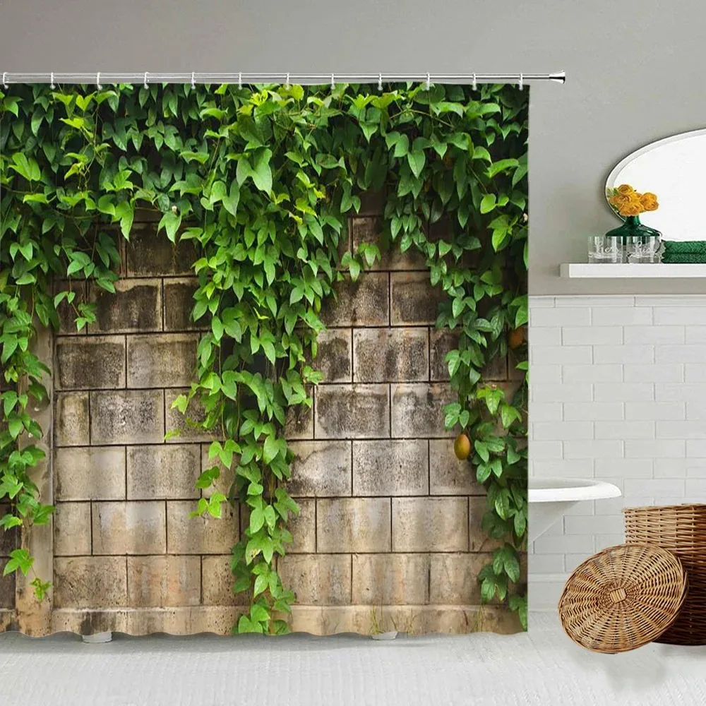 Green Vine Vintage Stone Brick Wall Shower Curtains Set Natural Plants Leaves Flowers Polyester Fabric Bathroom Decor with Hooks