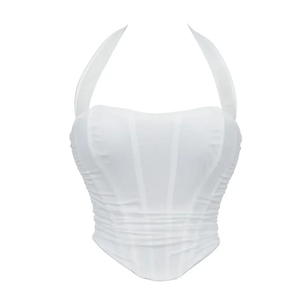 

Sexy Breathable Mesh Overbust Corset Crop Tops Women Gothic Halter Black Bustier Slimming Shaper Corselet Lingerie White