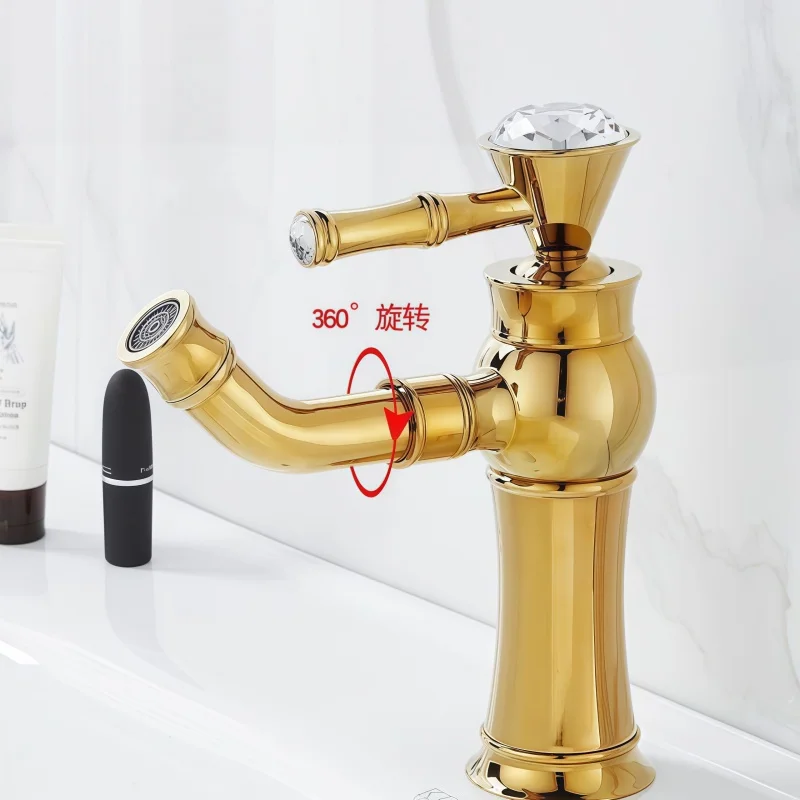 Rotatable Extendable Faucet Anti-Splash Bathroom Faucet Cross-Border Trade All-Copper Diamond Crystal French Style Faucet
