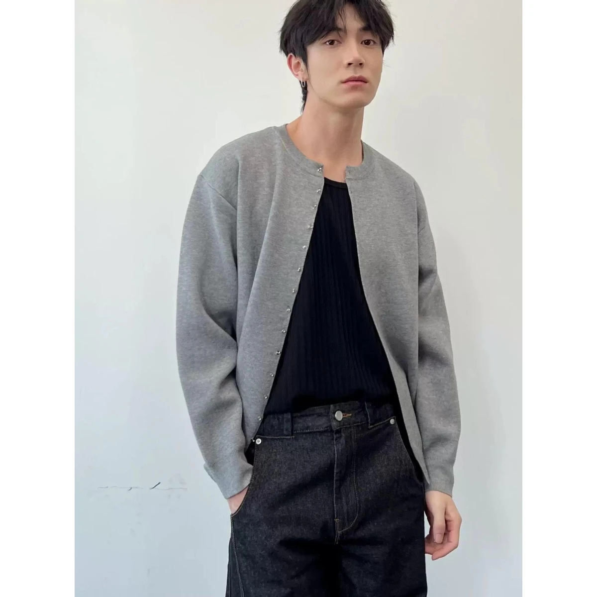 

American Retro Casual V-ne Knitted Sweater Men's Color Open Cardigan Soft Polyester Long Sve Winter Outerwear