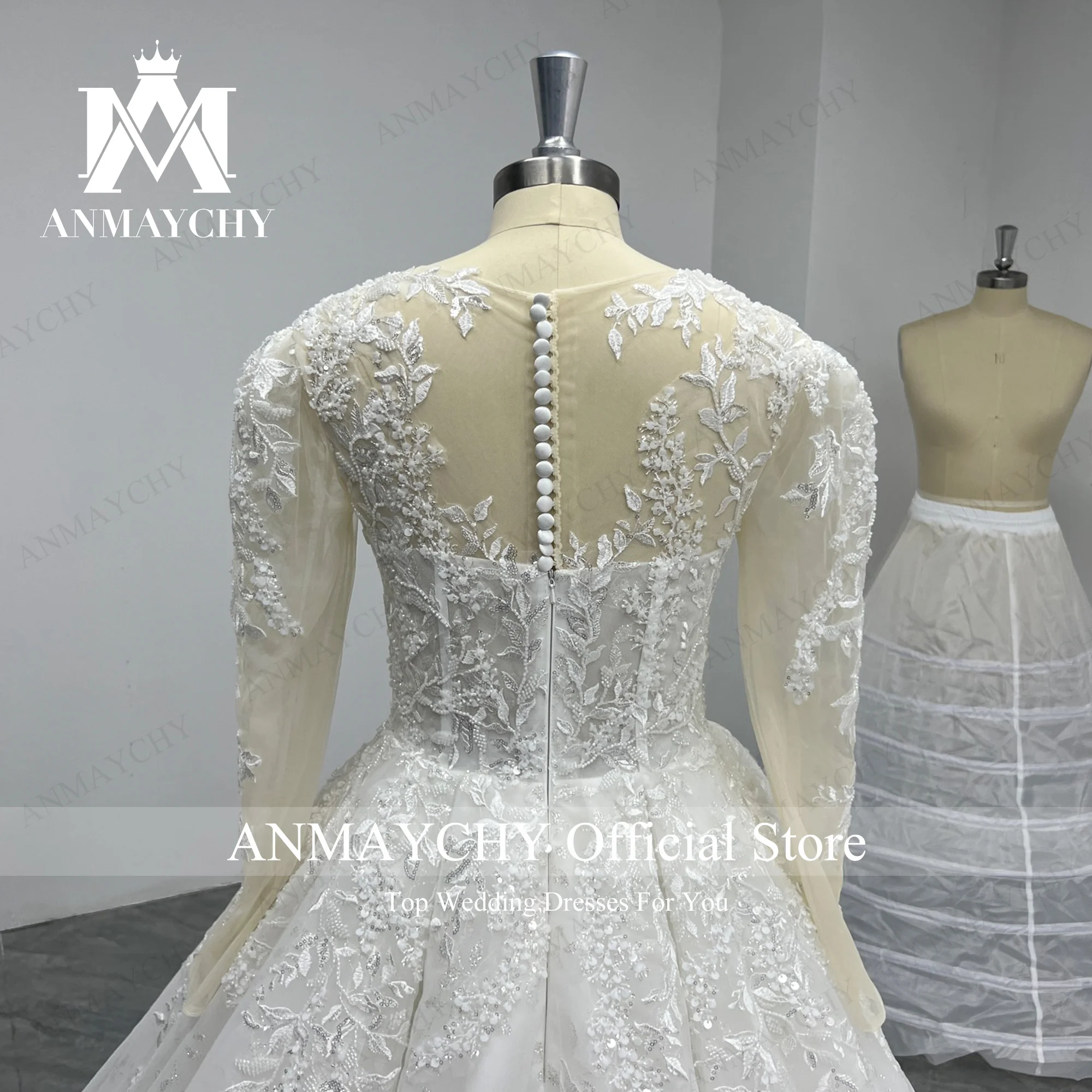 ANMAYCHY A-Line Wedding Dress 2023 Invisible Neckline Beading Appliques Brush Train Wedding Gown Vestidos Elegantes Para Mujer